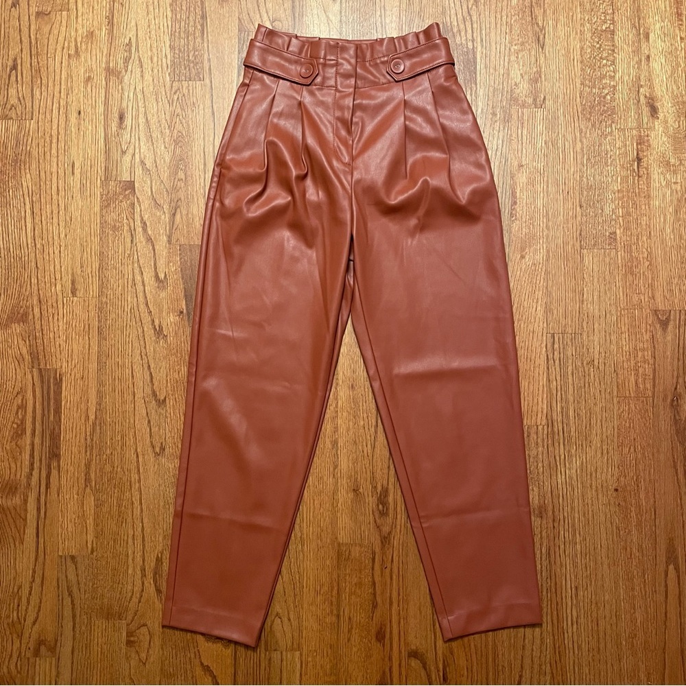 NWOT Ann Taylor The Faux Leather Paperbag Ankle Pants in Morrocan Spice Size 00 - Picture 3 of 15